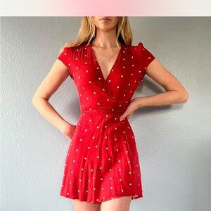 Reformation Raquel Wrap Dress Mini Red White Polka Dot Size Large Cap Sleeves